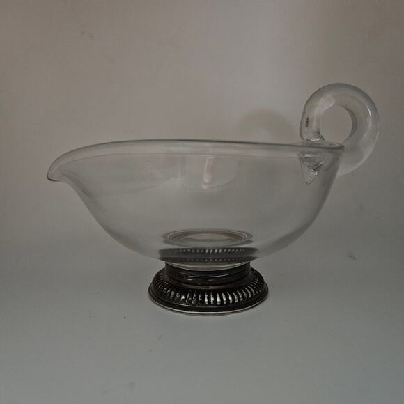 Vintage Glass Gravy Boat w/ Sterling Silver Weighted Base Handle Spout Sauce - Picture 1 of 6